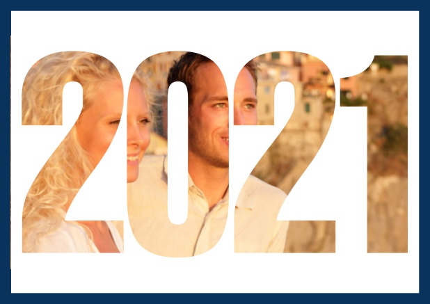 Online save the date card with cut out 2021 for your own photo Navy.