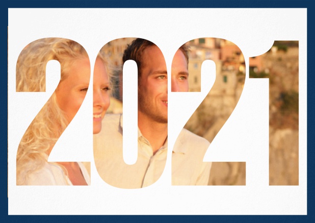 Save the date card with cut out 2021 for your own photo Navy.