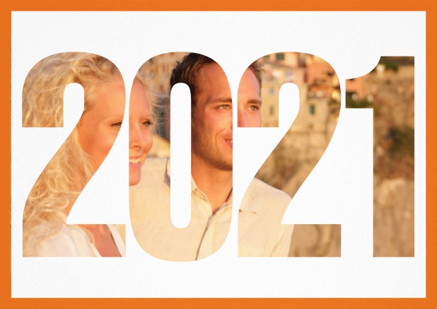 Save the date card with cut out 2021 for your own photo Orange.