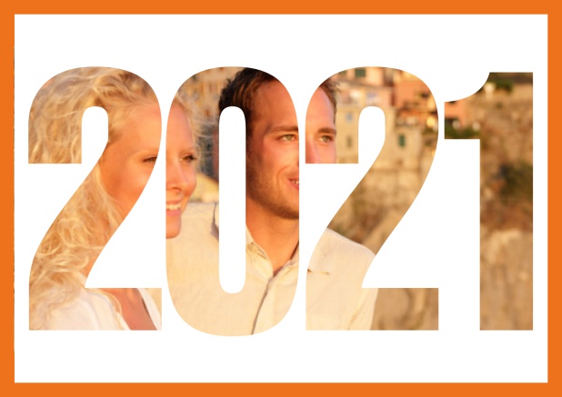 Online save the date card with cut out 2021 for your own photo Orange.