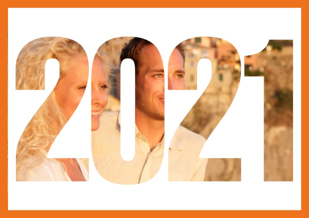 2021 photo year card - Orange - Wedding Save the Dates Online save the date card with cut out 2021 for your own photo Orange.