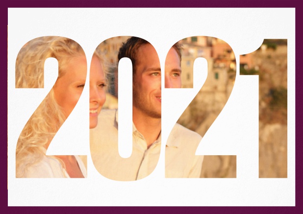 Save the date card with cut out 2021 for your own photo Purple.