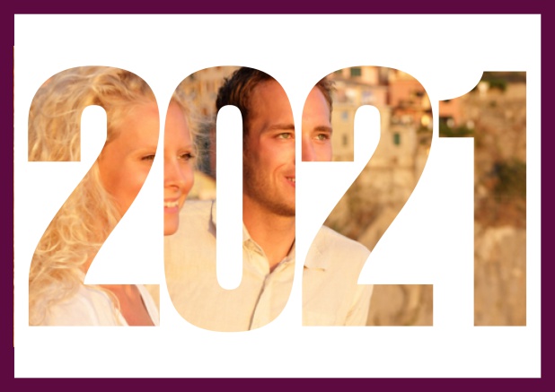 Online save the date card with cut out 2021 for your own photo Purple.