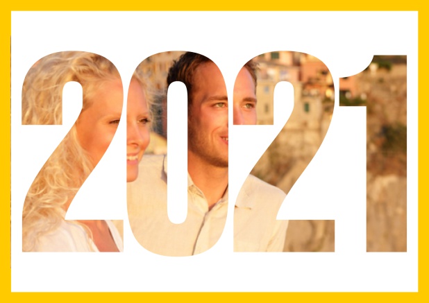 Online save the date card with cut out 2021 for your own photo Yellow.