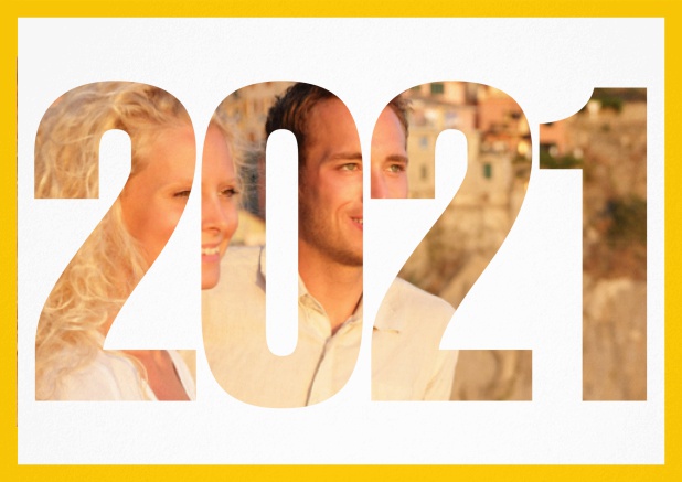 Save the date card with cut out 2021 for your own photo Yellow.