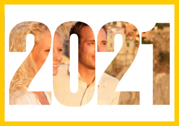 2021 photo year card - Yellow - Wedding Save the Dates Online save the date card with cut out 2021 for your own photo Yellow.