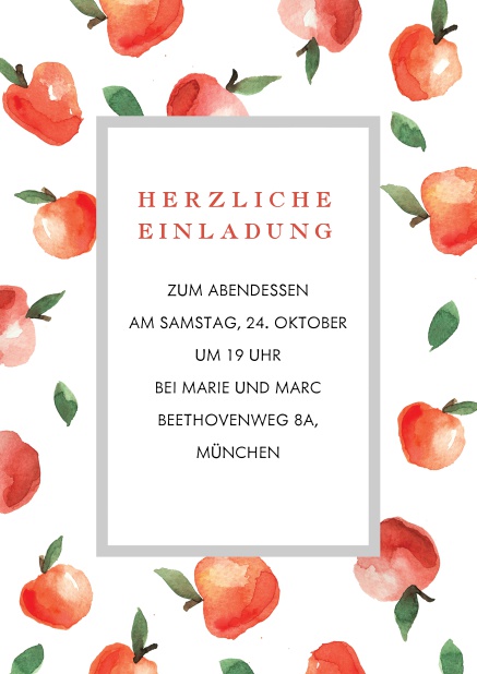 Online Einladungskarte mit Äpfeln Grau.