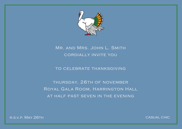 Online Thanksgiving invitation card with colorful Turkey in landscape format. Blue.