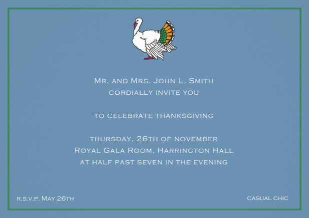 Thanksgiving invitation card with colorful Turkey in landscape format. Blue.