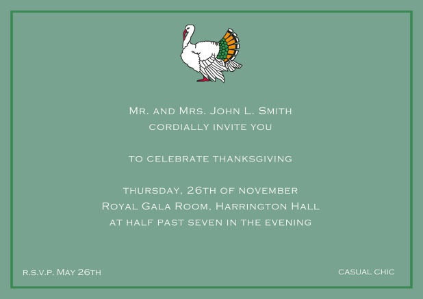 Online Thanksgiving invitation card with colorful Turkey in landscape format. Green.