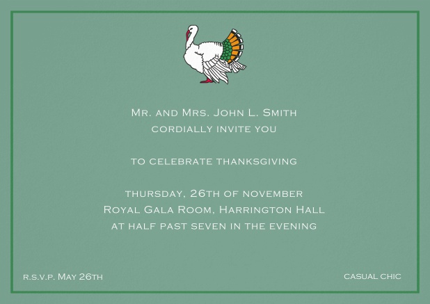 Thanksgiving invitation card with colorful Turkey in landscape format. Green.