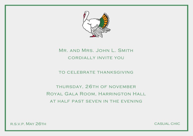 Online Thanksgiving Einladungskarte in Querformat mit buntem Truthahn Grau.