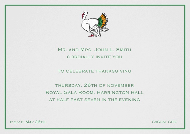 Thanksgiving Einladungskarte in Querformat mit buntem Truthahn Grau.