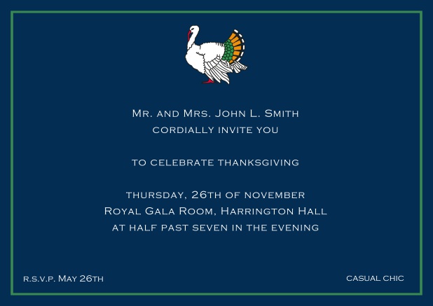 Online Thanksgiving invitation card with colorful Turkey in landscape format. Navy.