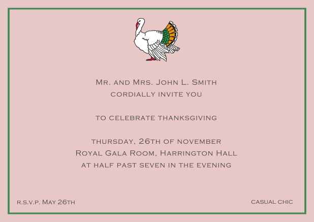 Online Thanksgiving invitation card with colorful Turkey in landscape format. Pink.