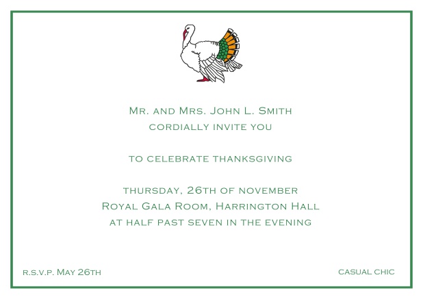 Online Thanksgiving invitation card with colorful Turkey in landscape format. White.