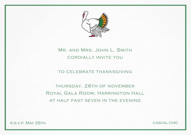 Thanksgiving invitation card with colorful Turkey in landscape format. White.