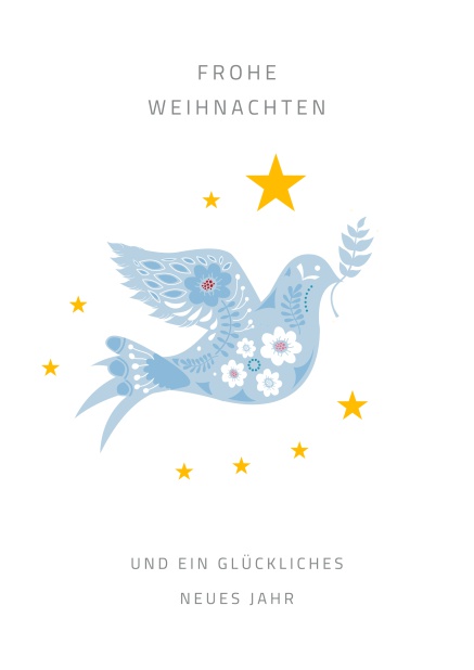 Online Weihnachtskarte mit Friedenstaube schimmernd blau