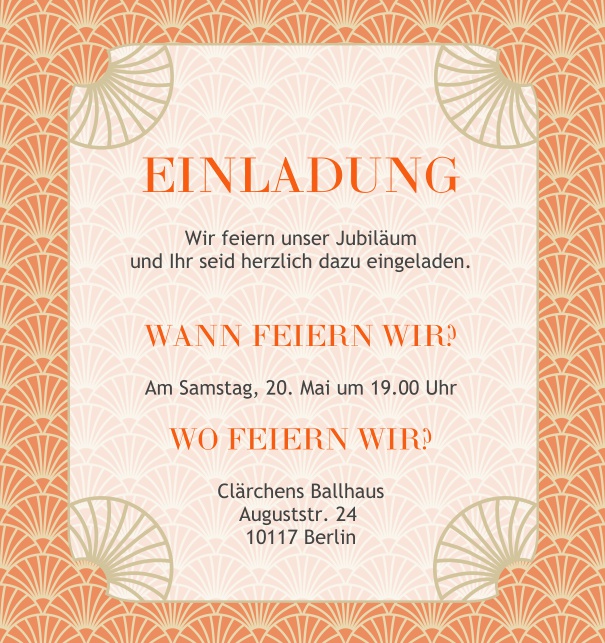 Online Einladung mit Jugendstil Müschel Dekoration Orange.