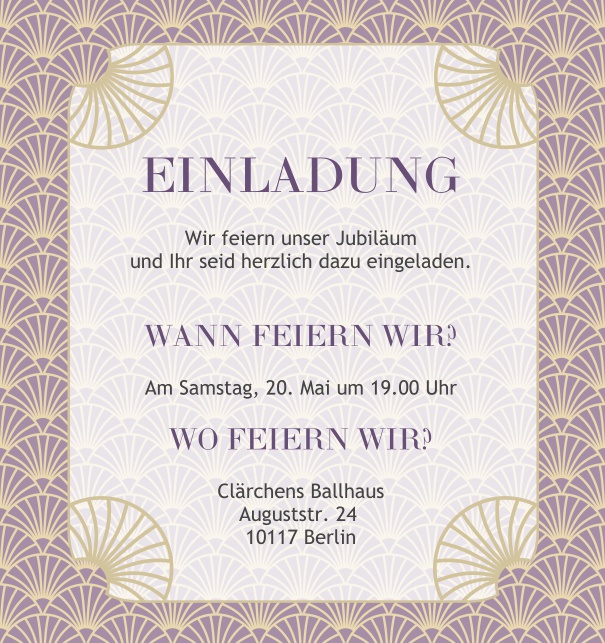 Online Einladung mit Jugendstil Müschel Dekoration Lila.