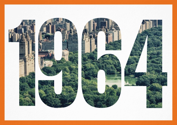 Einladungskarte mit ausgeschnittener 1964 für ein eigenes Image. Orange.