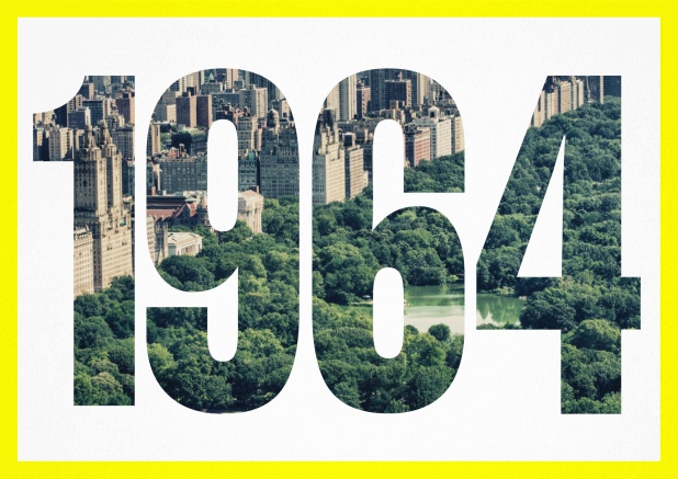 Einladungskarte mit ausgeschnittener 1964 für ein eigenes Image. Gelb.