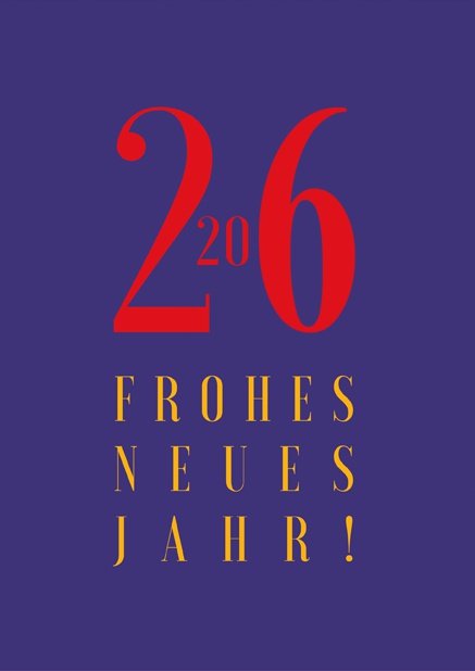Blaue Online Neujahrskarte mit cooler 2026 Zahl und Frohes Neues Jahr Text