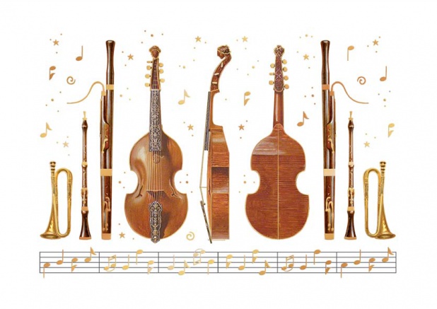 online invitation card with wind and string instruments Gold.