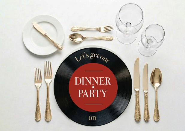 Online Invitation card in landscape format with place setting including golden cuttlery with a music record as plate.