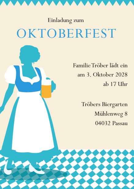 Oktoberfest Einladungskarte mit Dirndl mit auswählbarer Blusenfarbe Blau.