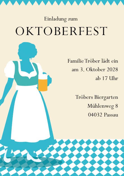Oktoberfest Einladungskarte mit Dirndl mit auswählbarer Blusenfarbe Grün.