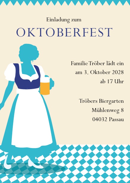 Oktoberfest Einladungskarte mit Dirndl mit auswählbarer Blusenfarbe Marine.