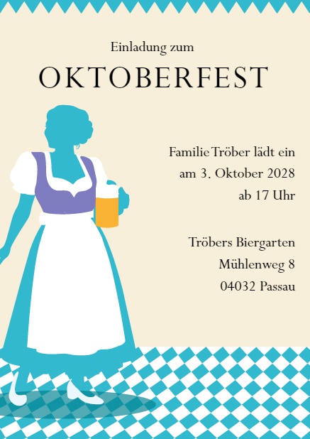 Oktoberfest Einladungskarte mit Dirndl mit auswählbarer Blusenfarbe Lila.
