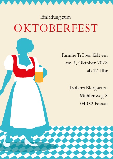 Oktoberfest Einladungskarte mit Dirndl mit auswählbarer Blusenfarbe Rot.