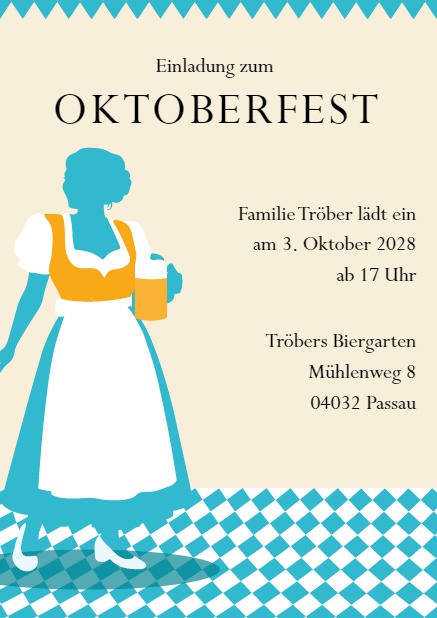 Oktoberfest Einladungskarte mit Dirndl mit auswählbarer Blusenfarbe Gelb.