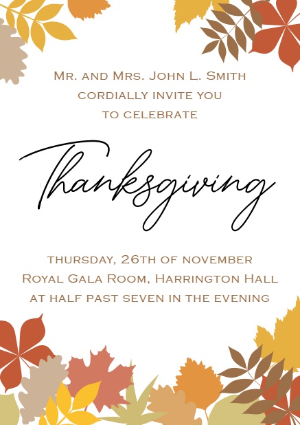 Online Thanksgiving invitation card with fall leaves as a frame