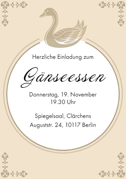 Online Einladung zum Gänseessen mit schwimmender Gans Beige.