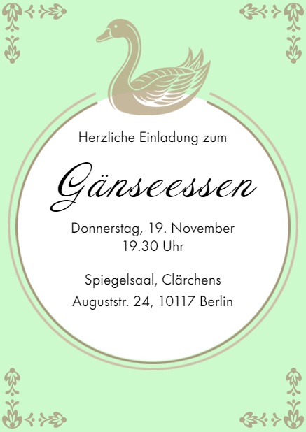 Online Einladung zum Gänseessen mit schwimmender Gans Grün.