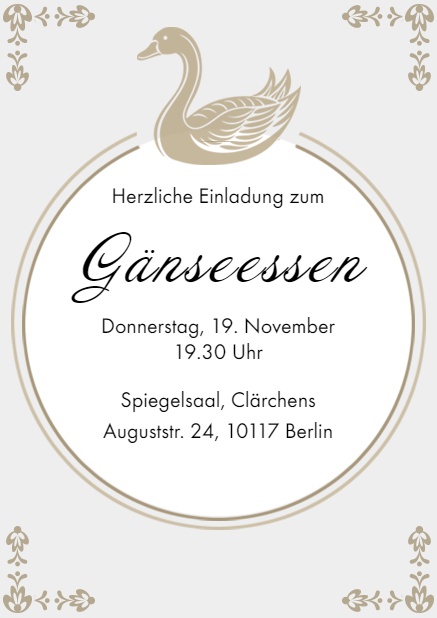 Online Einladung zum Gänseessen mit schwimmender Gans Grau.