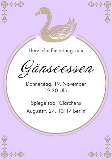 Online Einladung zum Gänseessen mit schwimmender Gans Lila.