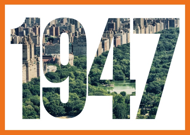 Online Invitation card with cut out 1947 for own image or photo Orange.