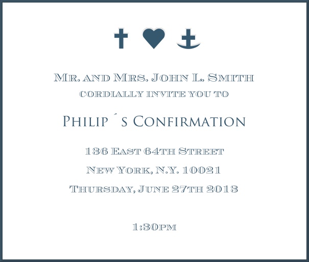 White Invitation Design for Christening and Confirmation with blue border and symbols.