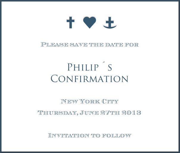 White Christening and Confirmation Save the Date template with blue border and symbols.