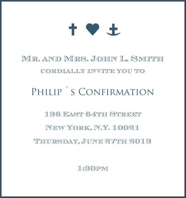 White Invitation Design for Christening and Confirmation with blue border and symbols.