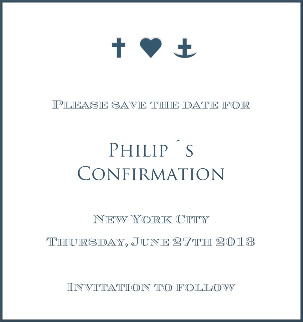 High format White Christening and Confirmation Save the Date template with blue border and symbols.