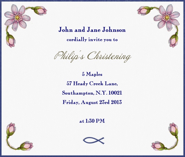 Weiße, frühlingshafte Einladungskarte mit blauem Rand und rosafarbenen Blumen.