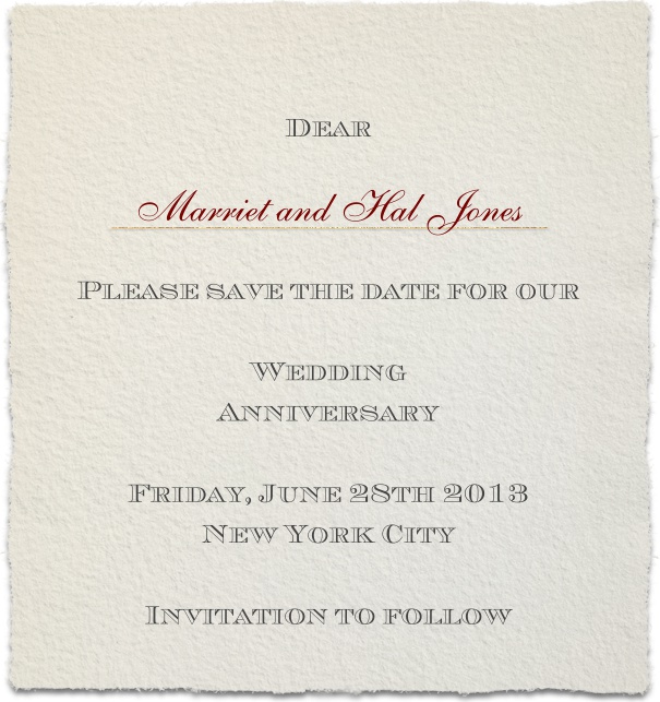 Online Hochzeits Save the Date Kartenvorlage auf Büttenpapier mit persönlicher Anrede des Empfängers.