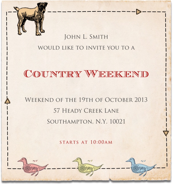 Tan Fall Themed Country Weekend Invitation with Dog and ducks.