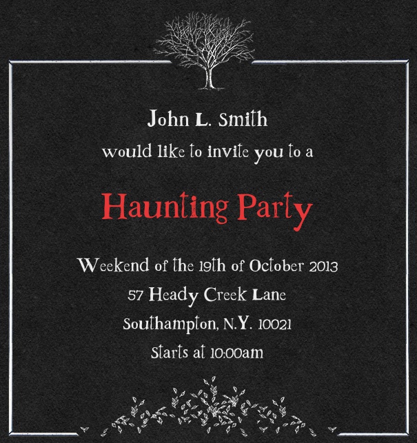 Schwarze Halloween Einladungskarte online mit Gruselbraum und weißem Rand.