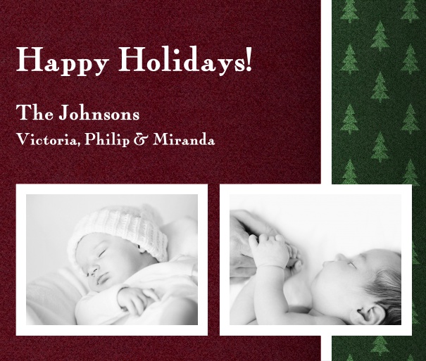 Christmas Photo Card with Magenta and Christmas Tree Border.